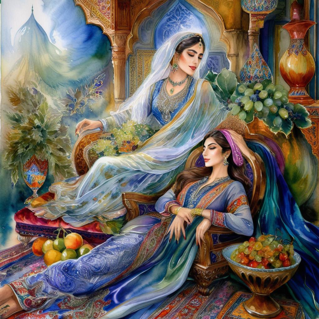 Mystical and spiritual watercolor painting of a beautiful Iranian woman reclining on a royal throne inside a beautiful Iranian house with shiny and colorful silk carpets, fruit and grape dishes, traditional vases, and colorful flowers.