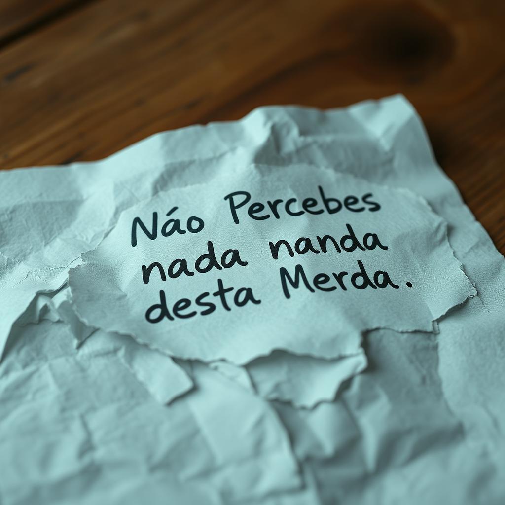 A close-up image of a crumpled piece of paper with a handwritten note in Portuguese that says "Não Percebes nada desta Merda