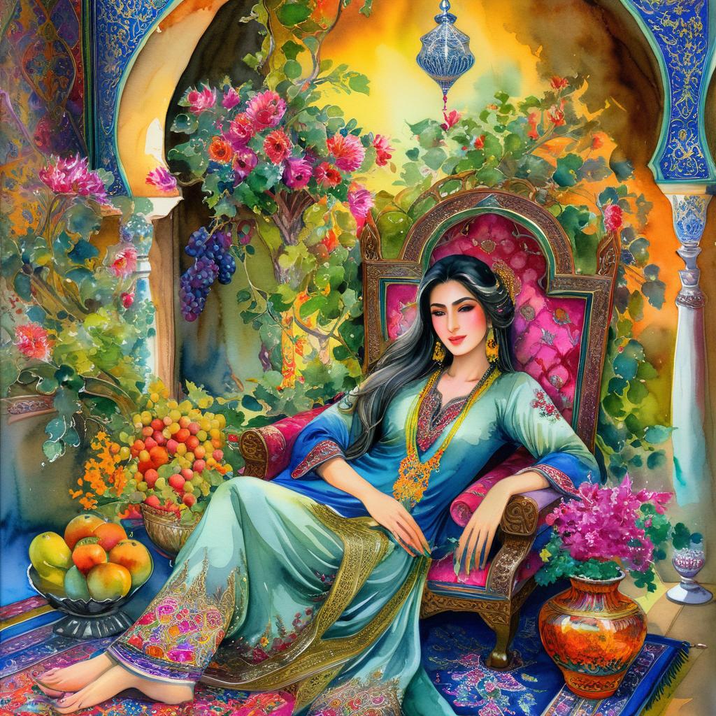 Mystical and spiritual watercolor painting of a beautiful Iranian woman reclining on a royal throne inside a beautiful Iranian house with shiny and colorful silk carpets, fruit and grape dishes, traditional vases, and colorful flowers.
