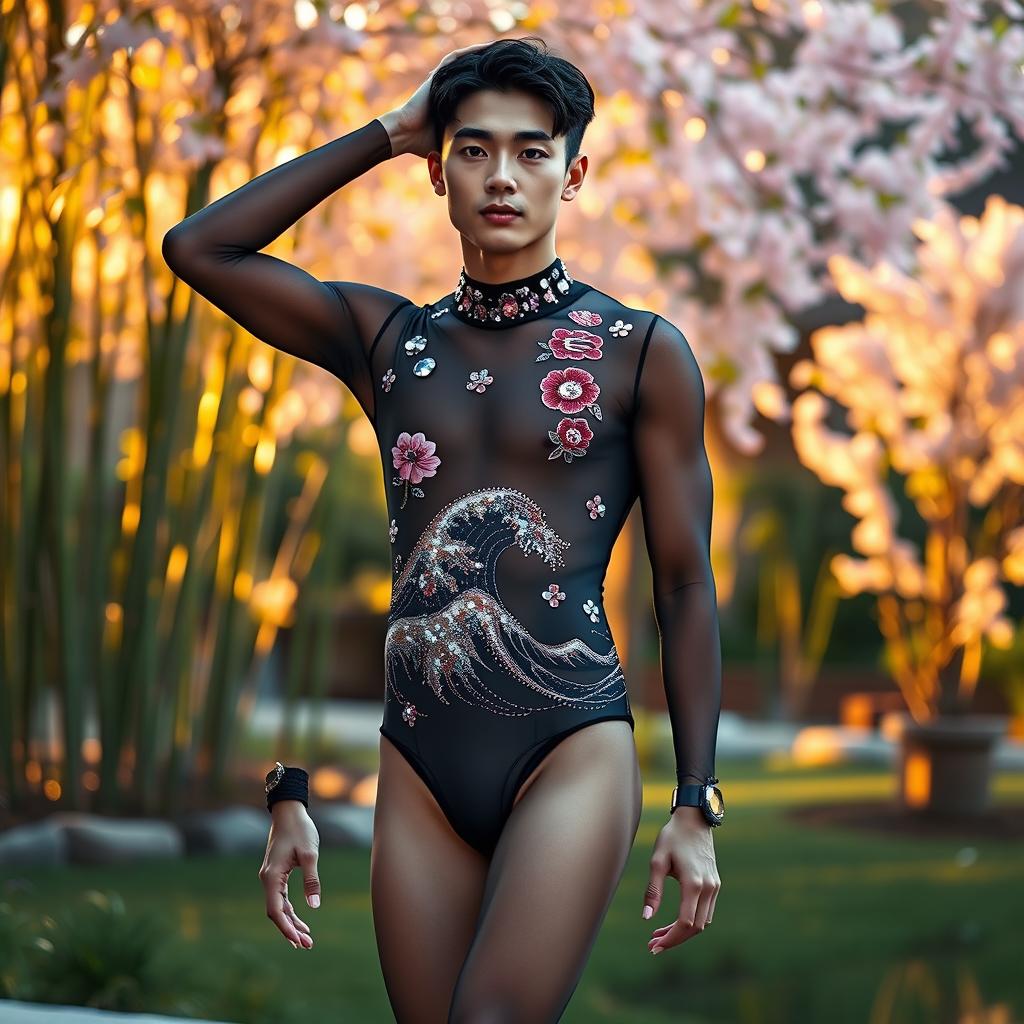 A Japanese young slim man gracefully poses in a dazzling mesh leotard adorned with sparkling rhinestones featuring traditional Japanese designs like cherry blossoms and waves