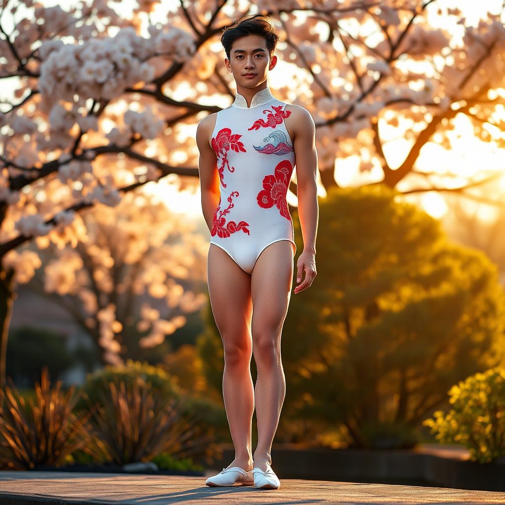 A Japanese young slim man stands confidently in a full body pose, wearing a striking mesh leotard embellished with shimmering rhinestones in a white and red color scheme, featuring traditional Japanese designs like cherry blossoms and stylized waves