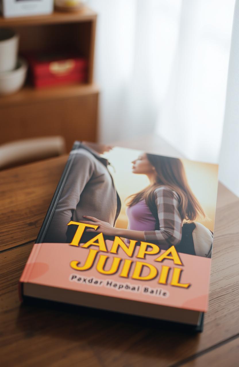 A close-up image of a book lying on a wooden table, featuring the cover design of a romantic scene with two high school teenagers gazing into each other's eyes lovingly