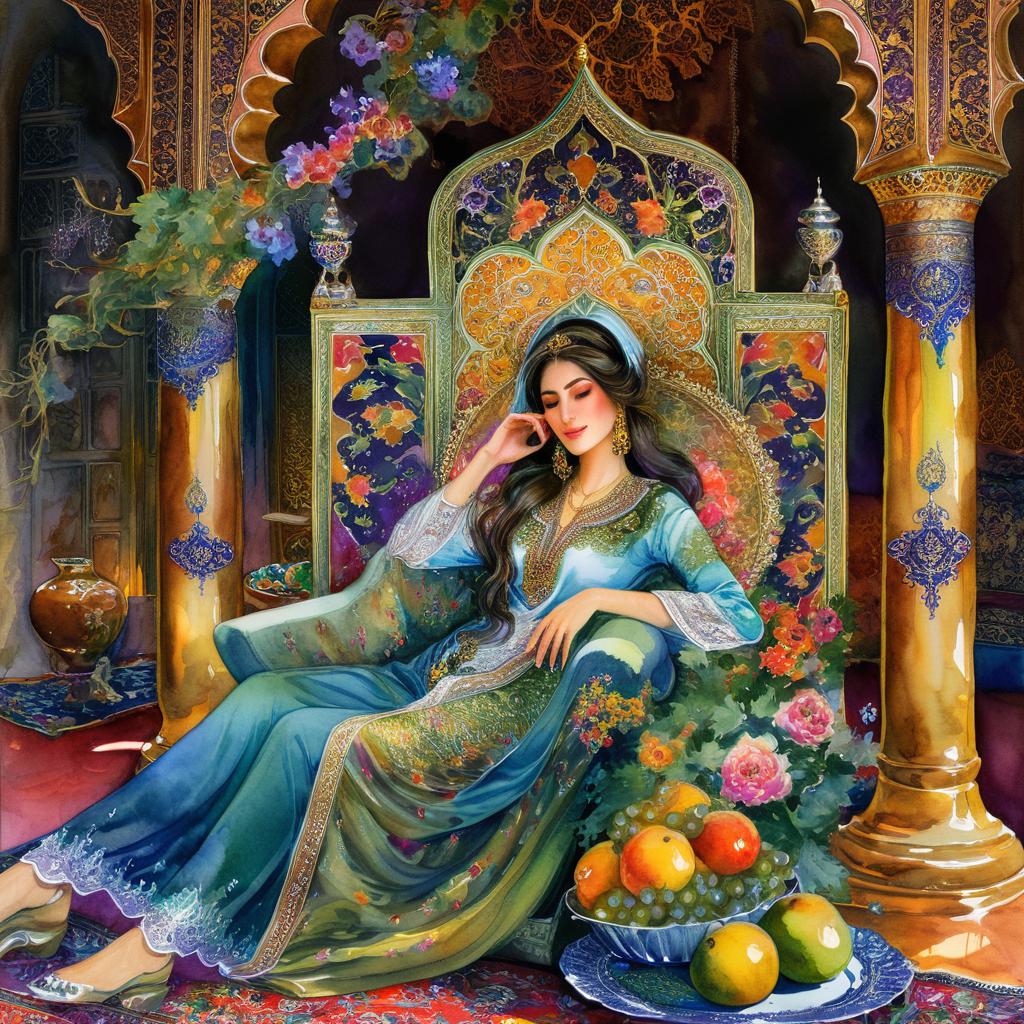 Mystical and spiritual watercolor painting of a beautiful Iranian woman reclining on a royal throne inside a beautiful Iranian house with shiny and colorful silk carpets, fruit and grape dishes, traditional vases, and colorful flowers.