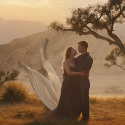 A romantic picture of a couple gently held in affection, in a beautiful environment reflecting their mood.