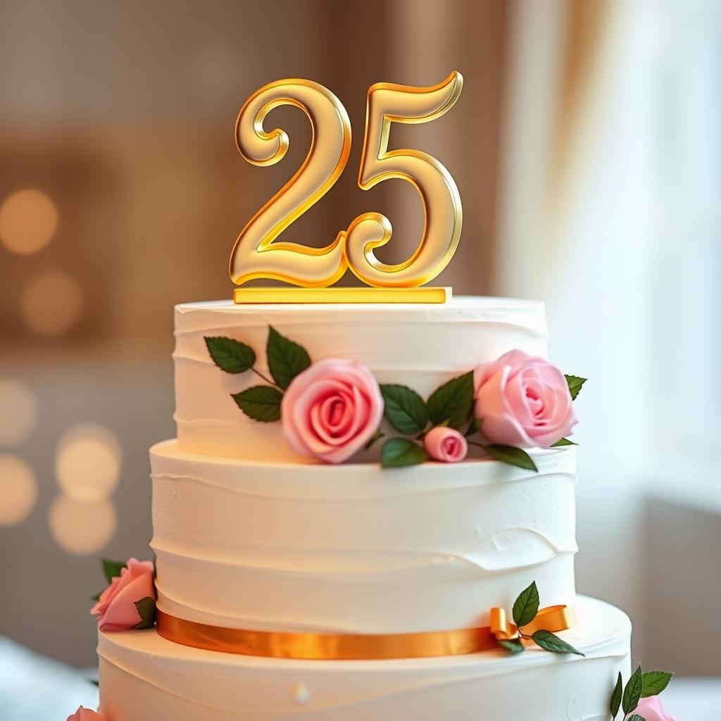 An elegant birthday cake featuring a smooth vanilla frosting with delicate pink roses and green leaves as decorations