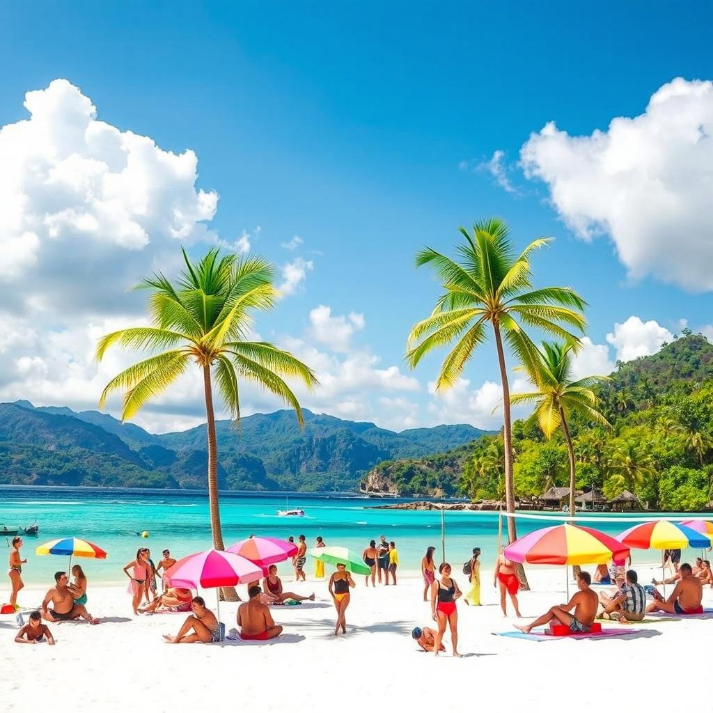A beautiful travel scene in the Philippines showcasing stunning landscapes, crystal-clear waters, and vibrant tropical flora