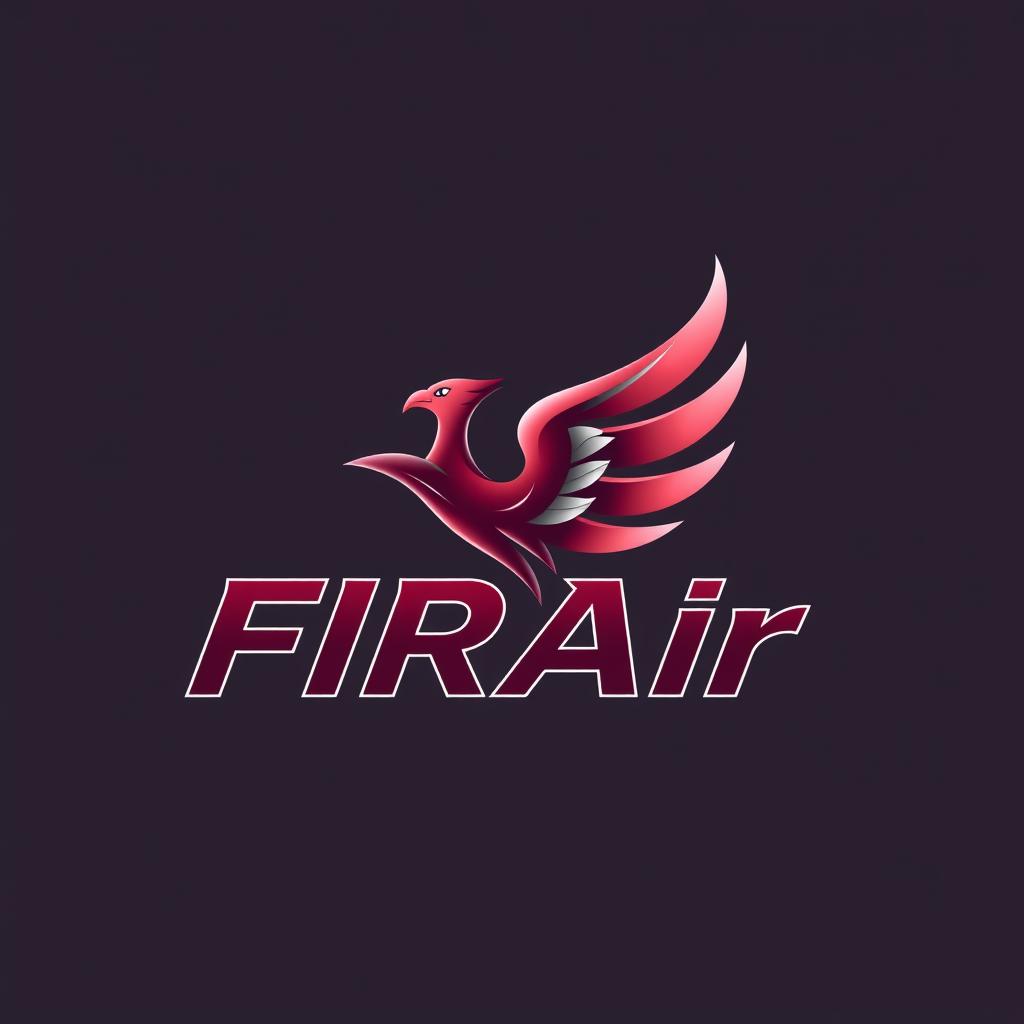 A logo for an airline named FIRAir, featuring the word 'FIRAir' in burgundy color with a white outline