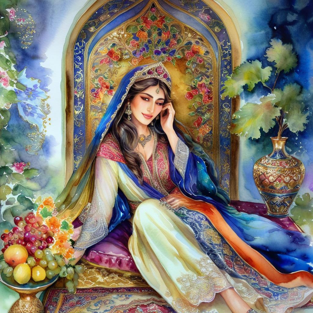 Mystical and spiritual watercolor painting of a beautiful Iranian woman reclining on a royal throne inside a beautiful Iranian house with shiny and colorful silk carpets, fruit and grape dishes, traditional vases, and colorful flowers.