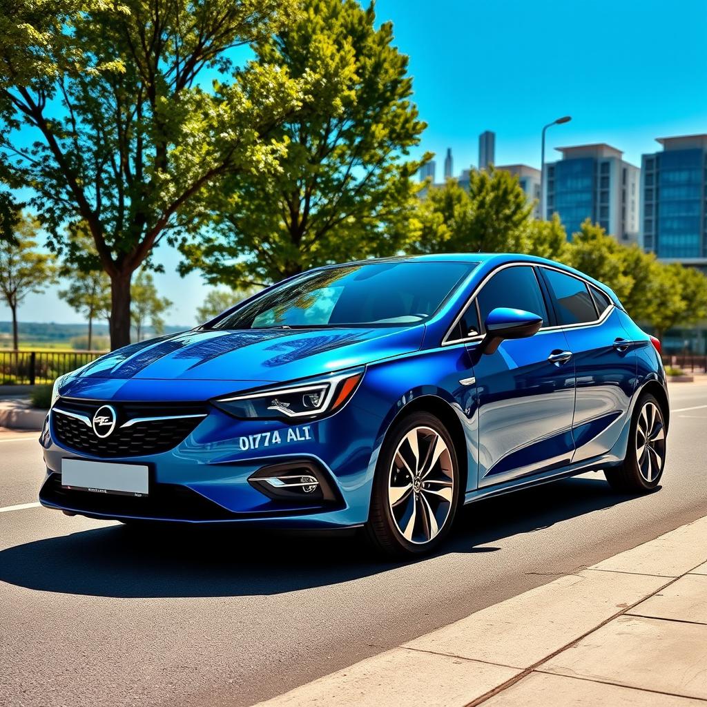 A sleek, modern Opel Astra L 2022 model parked on a sunny street, showcasing its dynamic lines, elegant curves, and contemporary design elements