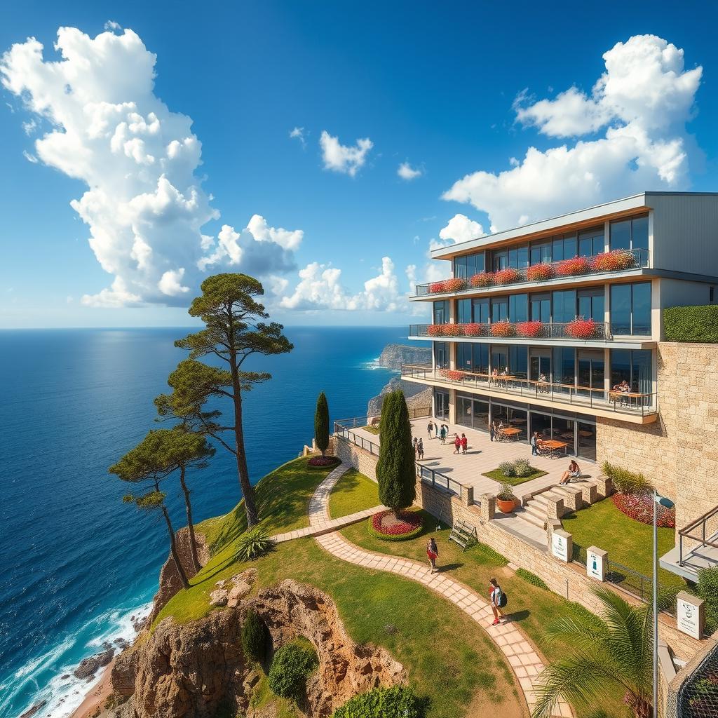 A picturesque clifftop school situated on a dramatic cliff overlooking a vast ocean, with a bright blue sky and white fluffy clouds