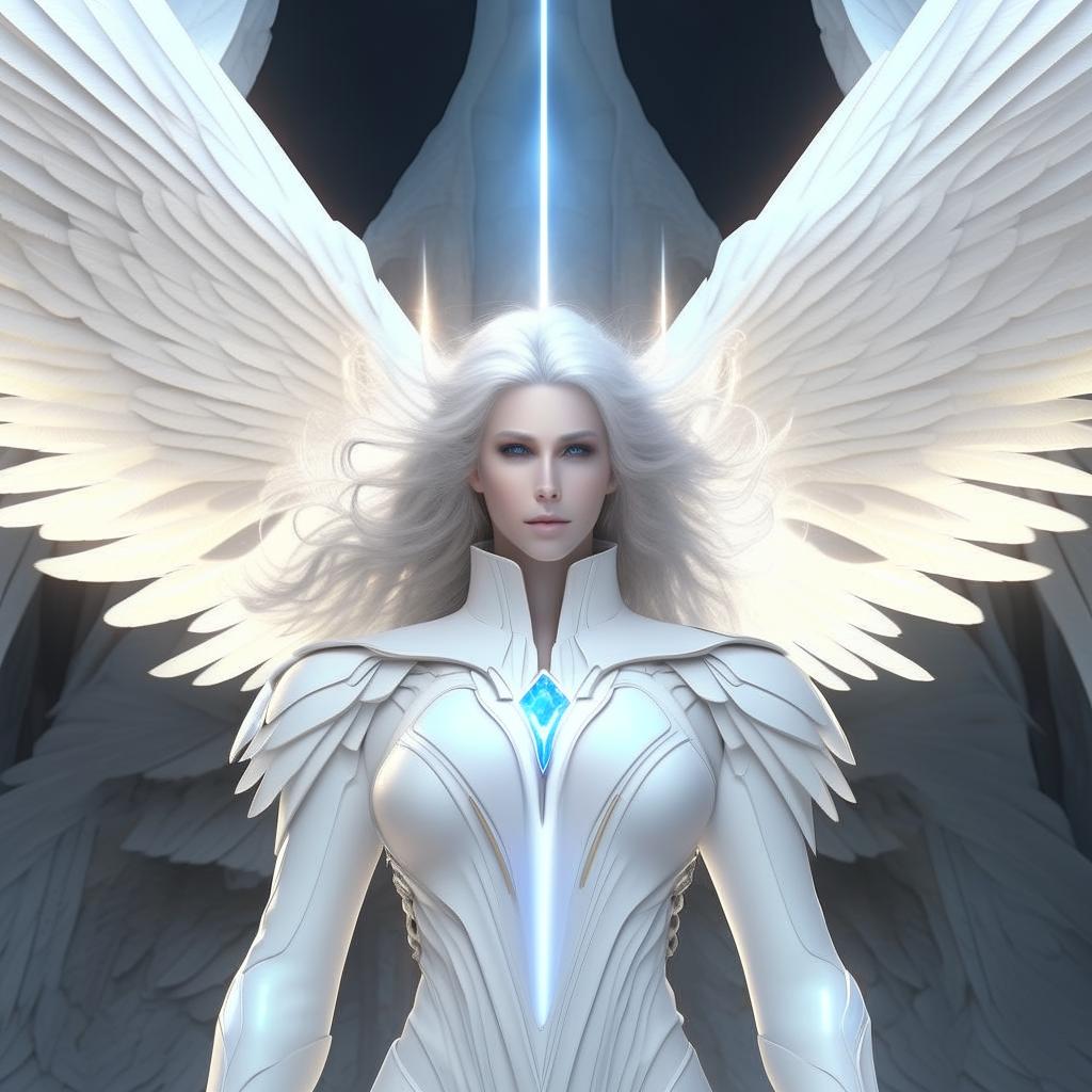 An image of Archangel Metatron with radiant, laser-like blue eyes, flanked by gigantic white wings. He is dressed in a pristine white uniform, has flowing, long white hair, and a detailed Metatron cube hovers above his head. Render in 32K Ultra HD.