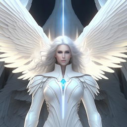 An image of Archangel Metatron with radiant, laser-like blue eyes, flanked by gigantic white wings. He is dressed in a pristine white uniform, has flowing, long white hair, and a detailed Metatron cube hovers above his head. Render in 32K Ultra HD.