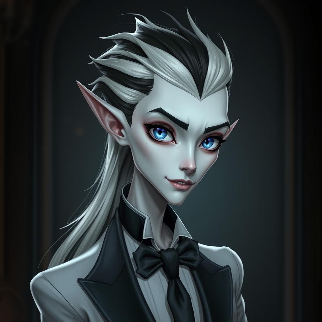 A slim, pale character with pointed features, wearing elegant formal clothing