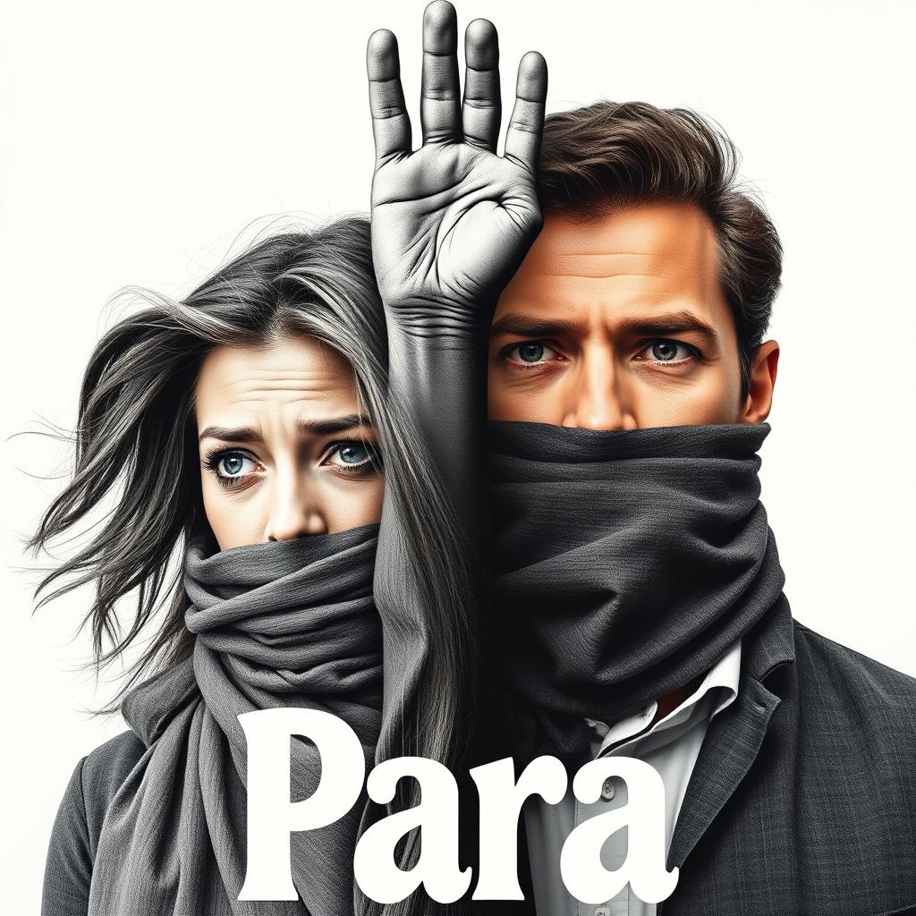 A composite image of a half-woman and half-man figure, both wearing scarves covering their mouths, displaying expressions of distress or urgency