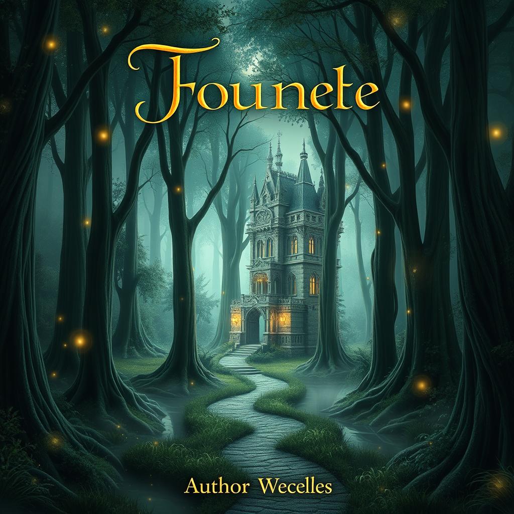 A book cover design featuring a mystical forest with tall, ancient trees and glowing, ethereal lights scattered throughout