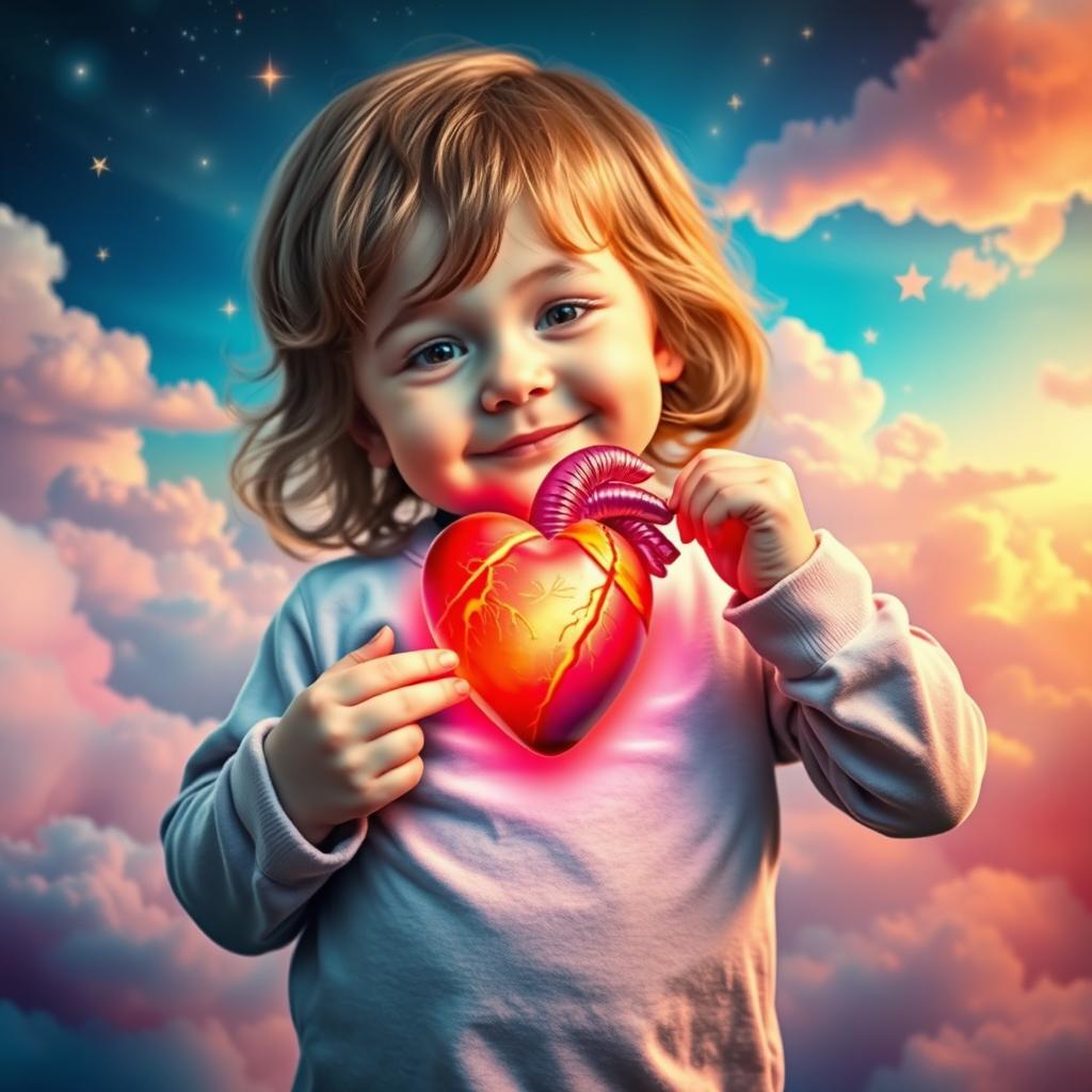 A surreal and metaphorical image depicting a child with a whimsical expression, gently pulling back a vibrant, glowing heart from their chest, surrounded by a colorful, dreamlike landscape filled with soft clouds and sparkling stars