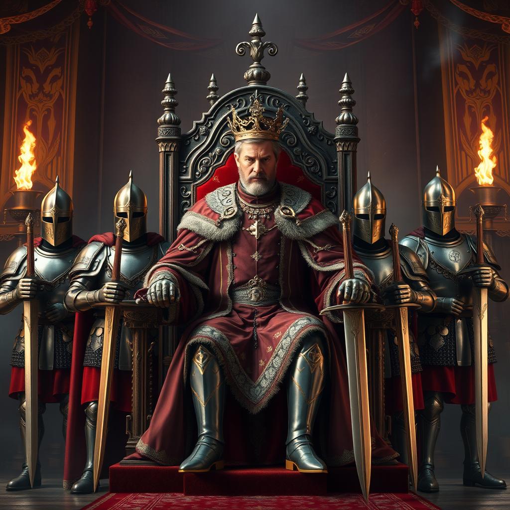 A majestic king sitting on a grand throne, adorned in elaborate royal attire, with intricate details and a regal expression