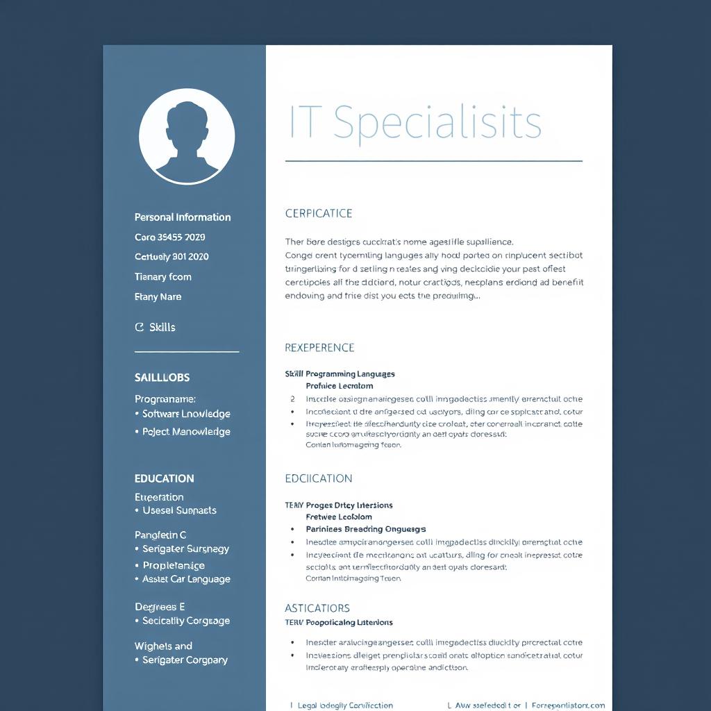 A modern and professional CV template for an IT specialist, featuring sections for personal information, skills, work experience, education, and certifications