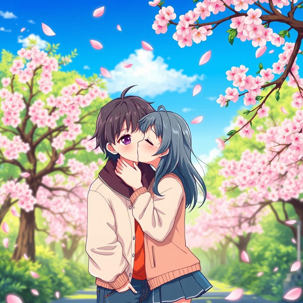 A romantic anime-style illustration of a couple sharing a sweet kiss