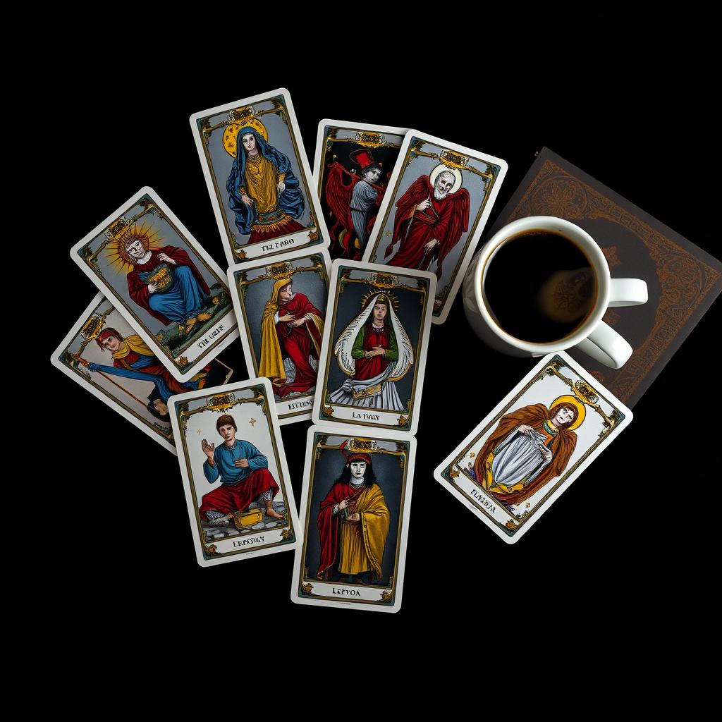 An artistic top-down view of a spread of tarot cards laid out on a rich, dark black background