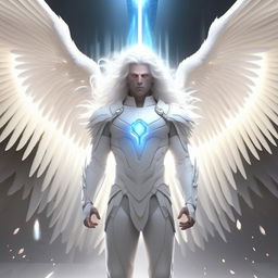 An image of Archangel Metatron with radiant, laser-like blue eyes, flanked by gigantic white wings. He is dressed in a pristine white uniform, has flowing, long white hair, and a detailed Metatron cube hovers above his head. Render in 32K Ultra HD.