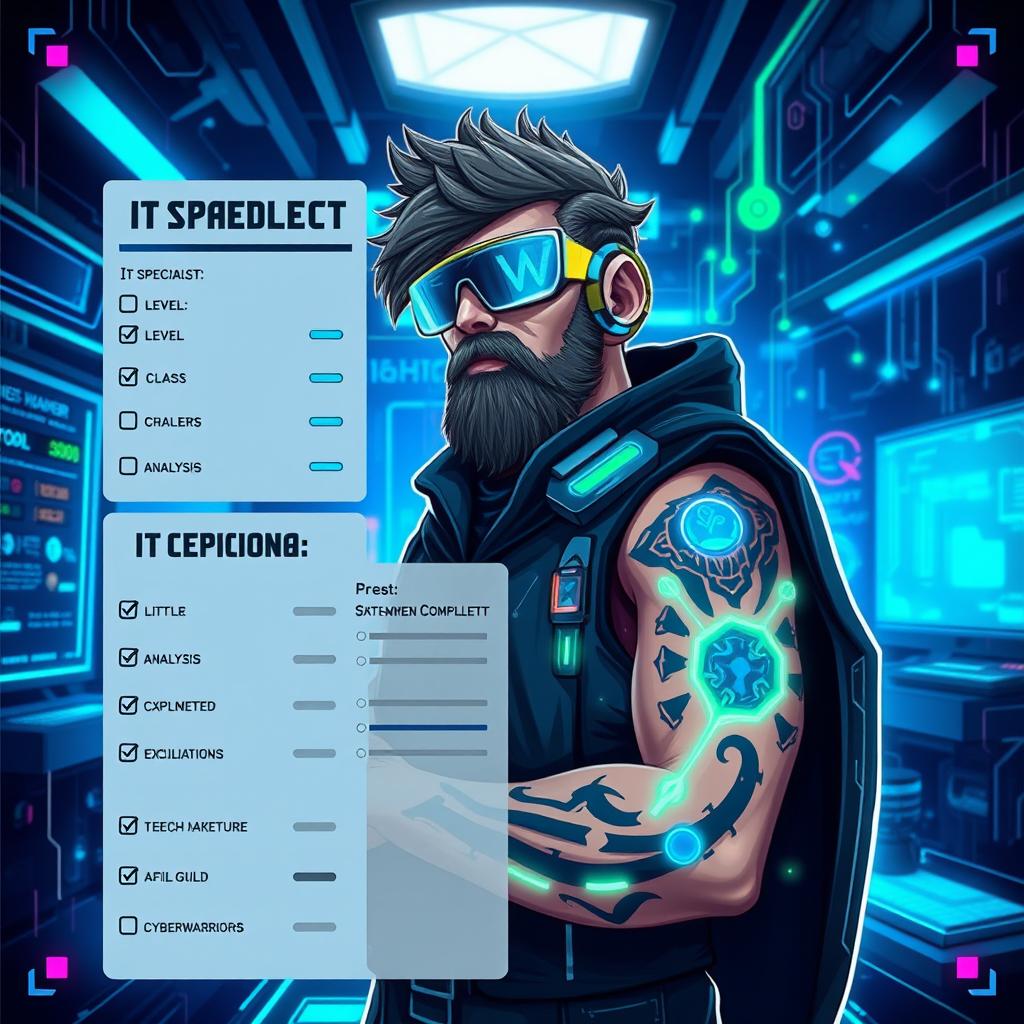 An imaginative character sheet styled as a video game character profile for an IT specialist