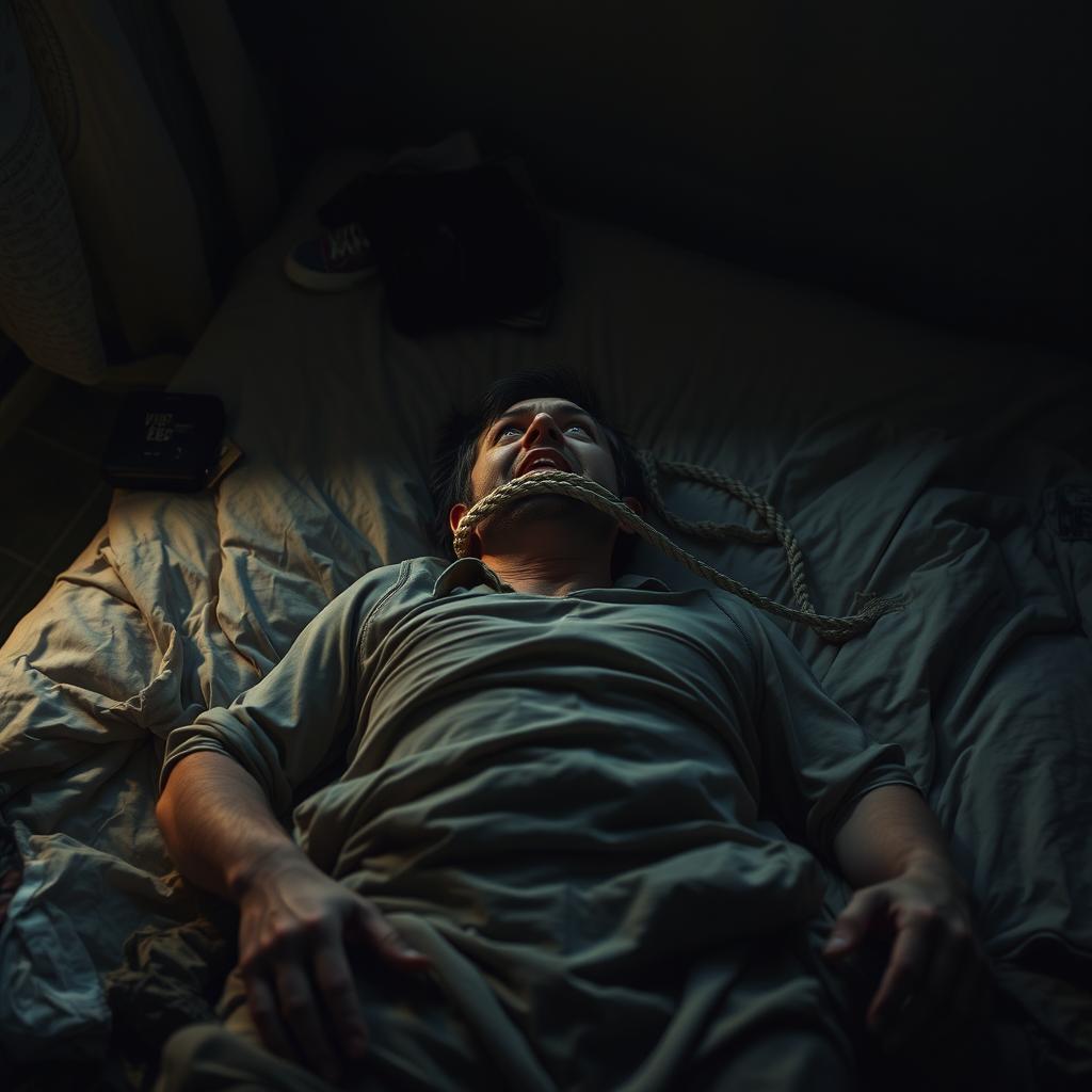 A dramatic scene depicting a person laying on a bed, caught in an intense struggle as a rope is wrapped around their neck, conveying a sense of tension and urgency