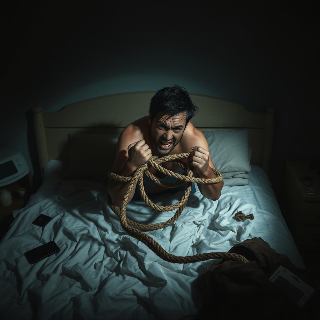 A tense scene featuring a person struggling on a bed, entangled in a thick rope