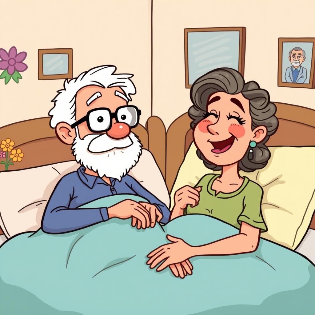 A simple cartoon drawing featuring an elderly man in bed looking surprised while his wife playfully pretends to strangle him
