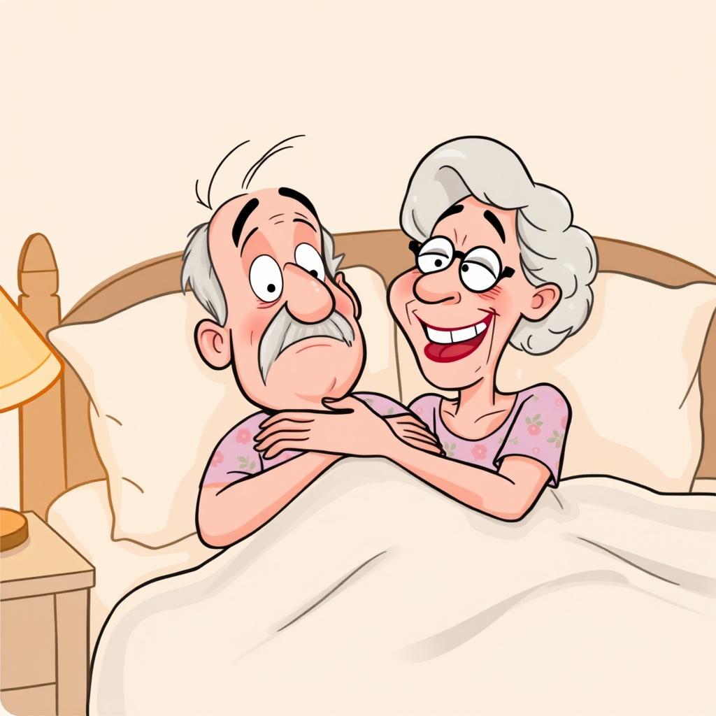 A simple cartoon drawing depicting a humorous scene of an elderly man in bed looking surprised while being playfully and exaggeratedly strangled by his wife, who has a mischievous grin on her face
