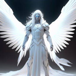 An image of Archangel Metatron with radiant, laser-like blue eyes, flanked by gigantic white wings. He is dressed in a pristine white uniform, has flowing, long white hair, and a detailed Metatron cube hovers above his head. Render in 32K Ultra HD.