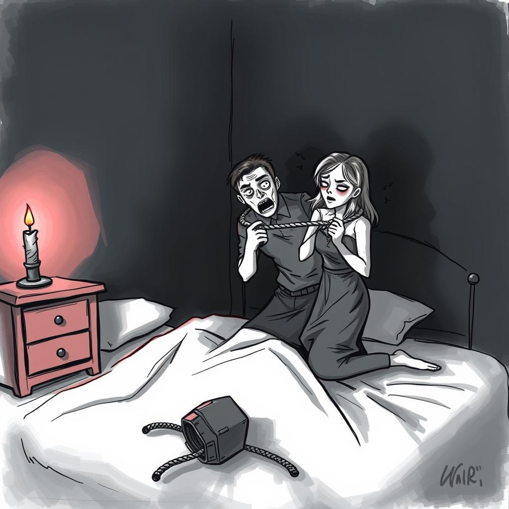 A simple yet chilling drawing depicting a dark scene in a bedroom where a wife is brutally strangling her husband with a rope while he struggles