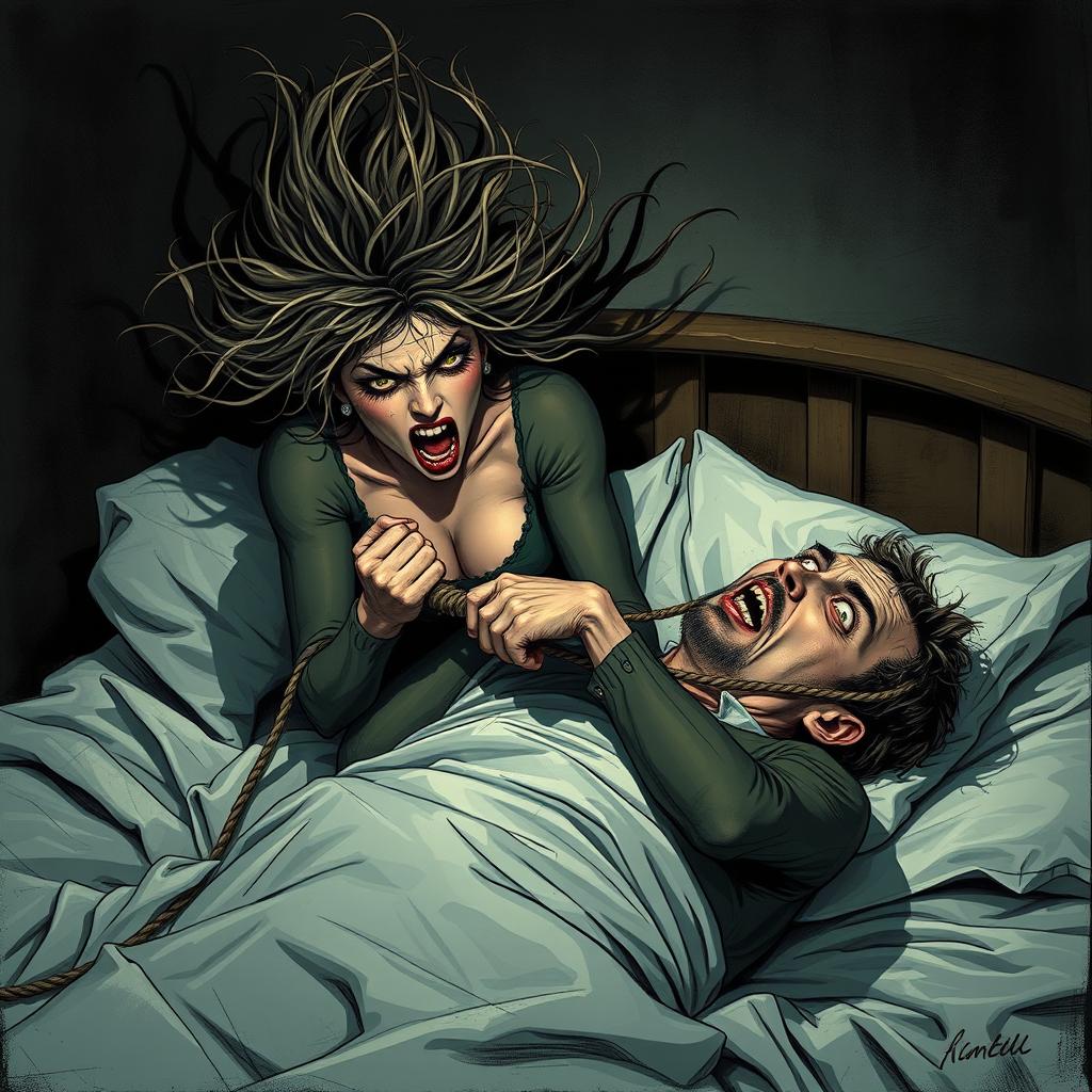A haunting and eerie scene depicting a woman with a determined expression, her hair wild and frantically disheveled, brutally strangling her husband with a rope while they are in bed