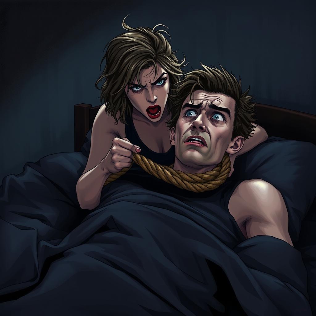 A chilling illustration of a dramatic scene in a dimly lit bedroom