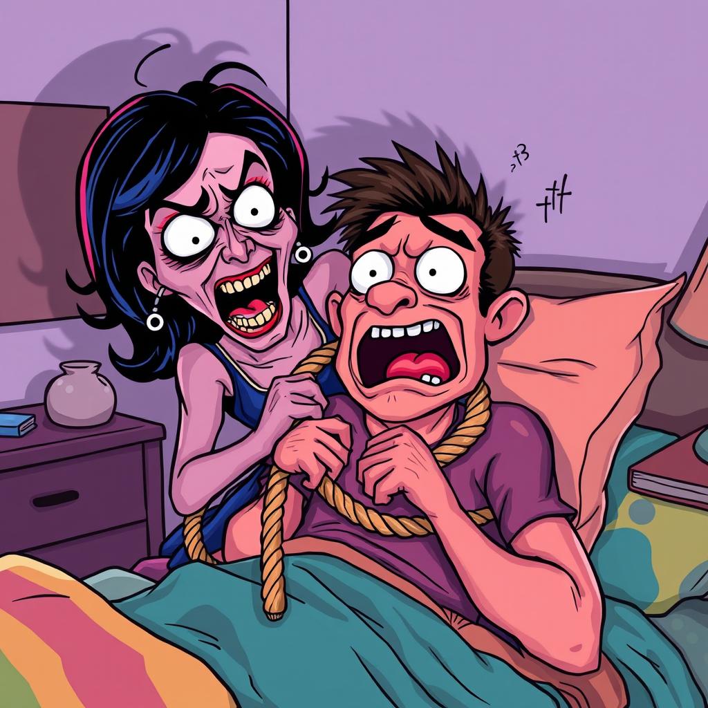 A frightening yet cartoonish illustration of a dramatic scene in a bedroom