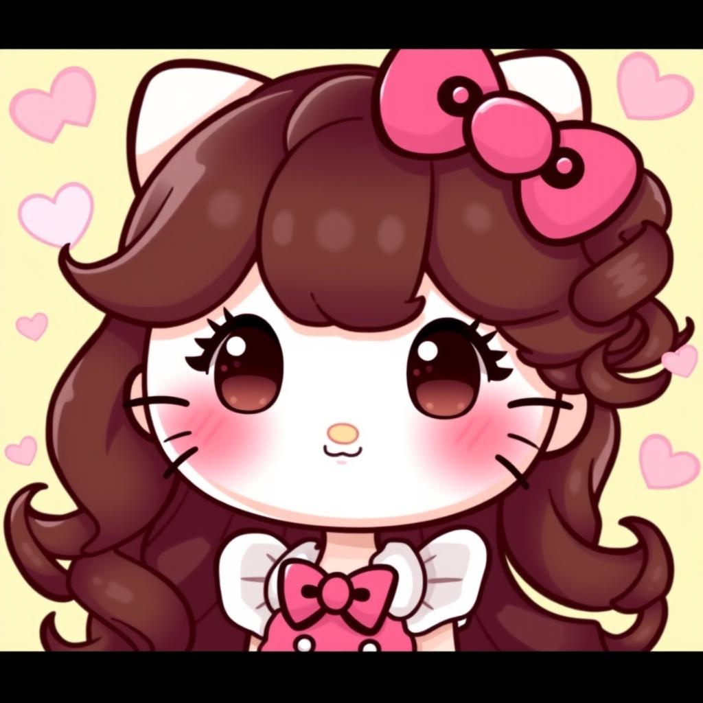 A cute character inspired by Hello Kitty, featuring beautiful curly dark brown hair