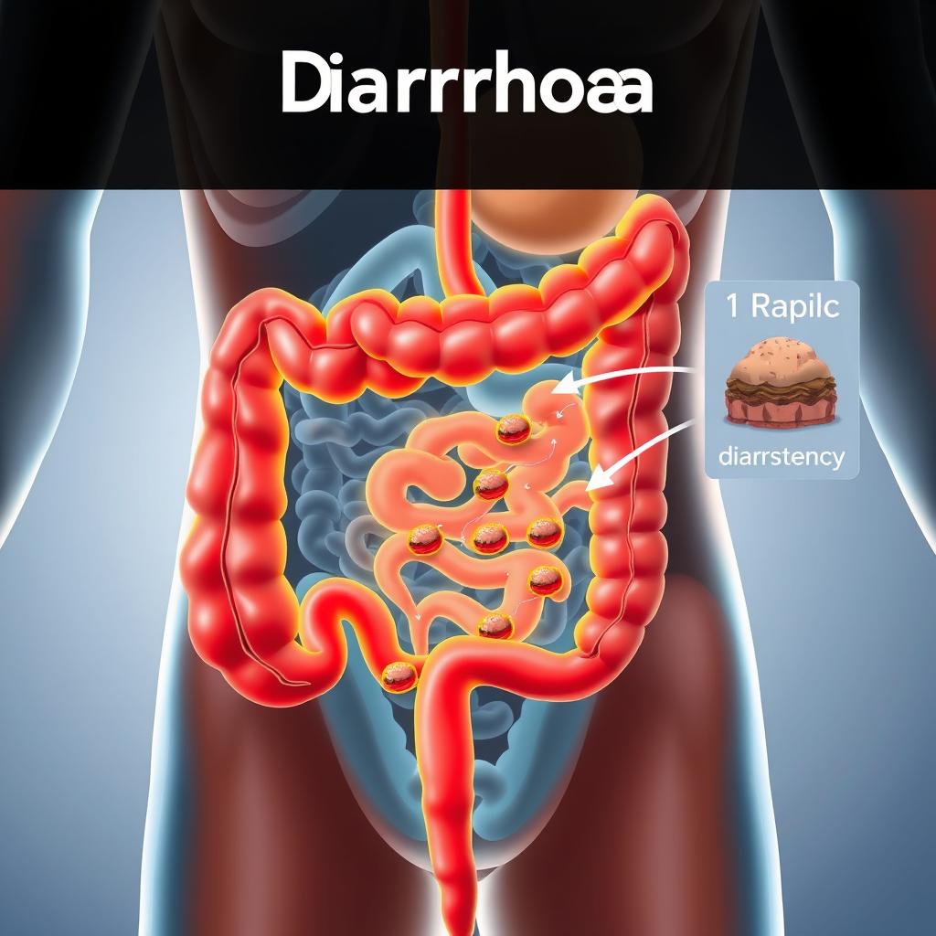 A medical illustration depicting the digestive system focusing on the human intestines, showcasing the effects of diarrhoea
