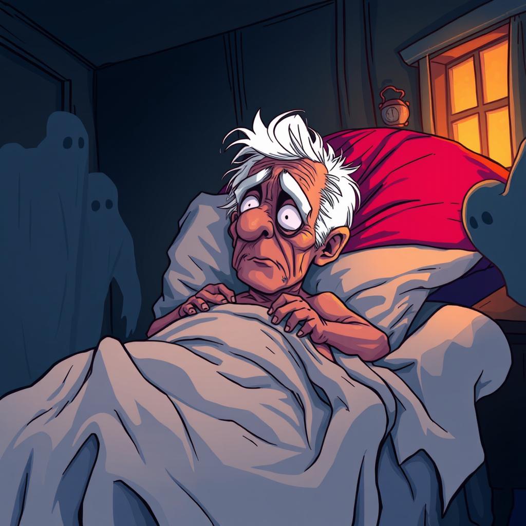 A chilling cartoon drawing of an old man in bed surrounded by shadows, depicting him as dead and strangled