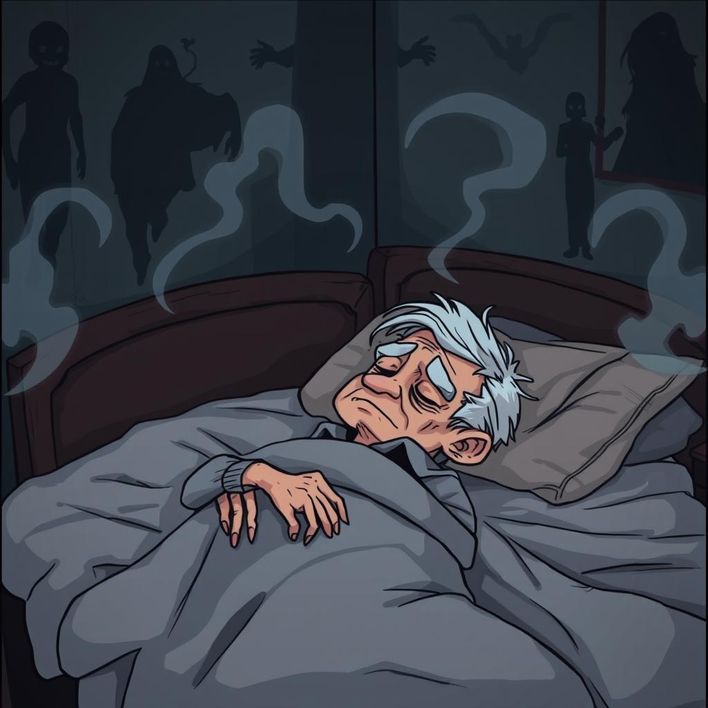 A chilling cartoon scene depicting a dead old man lying in his bed, having been strangled
