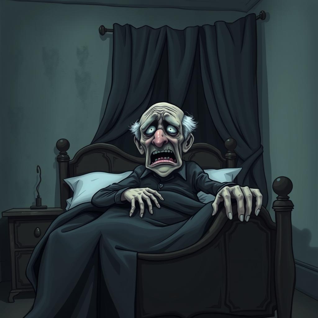 A frightening cartoon drawing of a dead old man, depicting him in a dramatic pose on his bed, with a ghostly atmosphere surrounding him