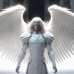 An image of Archangel Metatron with radiant, laser-like blue eyes, flanked by gigantic white wings. He is dressed in a pristine white uniform, has flowing, long white hair, and a detailed Metatron cube hovers above his head. Render in 32K Ultra HD.