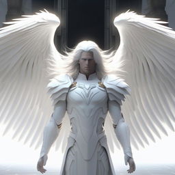 An image of Archangel Metatron with radiant, laser-like blue eyes, flanked by gigantic white wings. He is dressed in a pristine white uniform, has flowing, long white hair, and a detailed Metatron cube hovers above his head. Render in 32K Ultra HD.