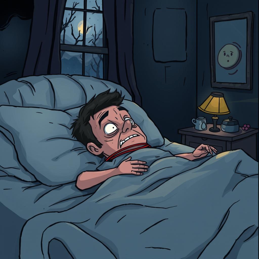 A haunting cartoon-style illustration of a dead strangled man lying in bed, with an eerie atmosphere