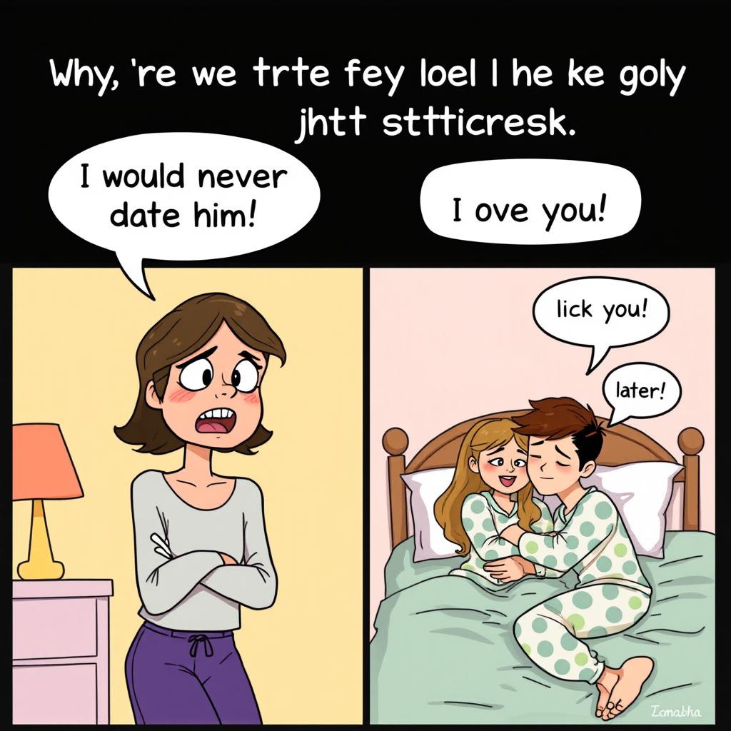 A humorous meme illustrating a girl who dramatically declares her disinterest in a guy to his girl best friend, with an exaggerated expression and a speech bubble saying "I would never date him!"