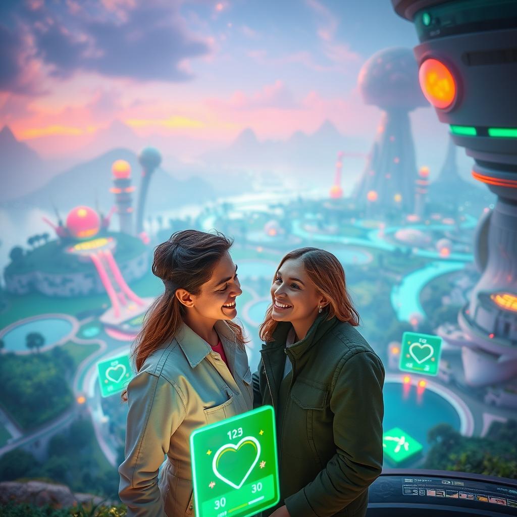 A dreamy, atmospheric scene in a fantasy setting featuring a fantastic technological landscape where people engage in a unique matchmaking experience