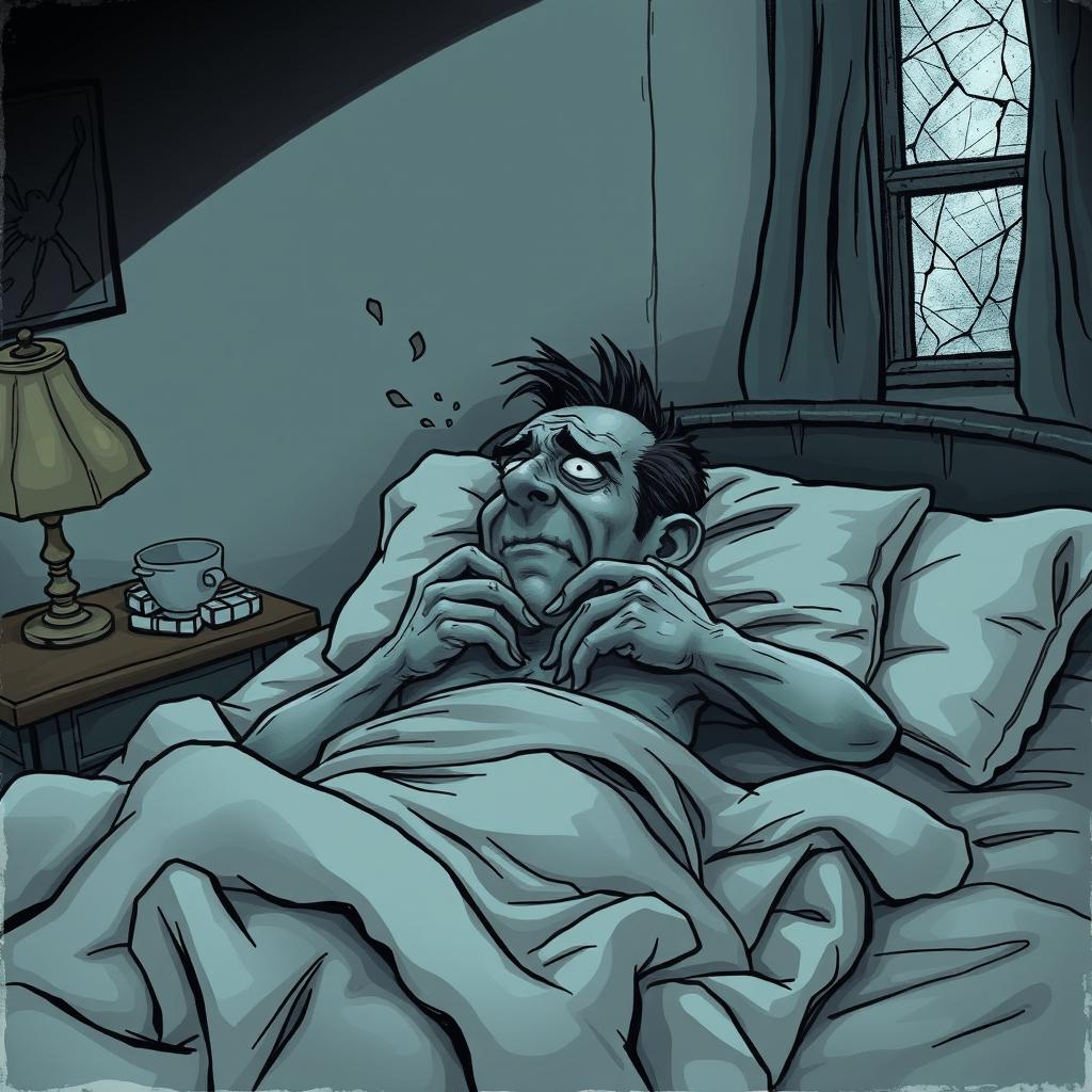 A chilling cartoon drawing of a lifeless man lying in his bed, depicted with exaggerated features for a graphic, spooky effect