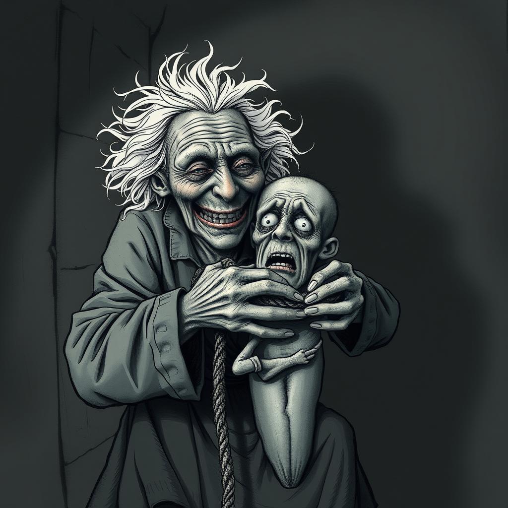 A chilling and simplistic drawing of an old woman with a twisted expression, tightly strangling her husband with a coarse rope