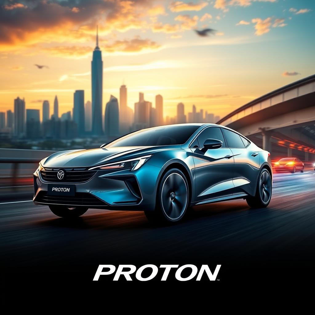 A high-quality and modern promotional poster for the Malaysian car brand Proton, featuring a sleek and futuristic Proton car set against a dynamic, eye-catching scene