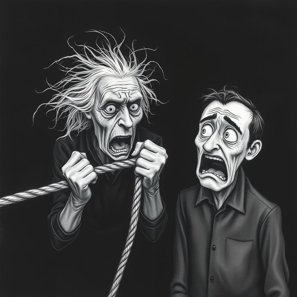 A minimalist charcoal drawing depicting a frightened old woman with wild hair, intensely gripping a frayed rope while glaring at her husband, whose expression is one of terror