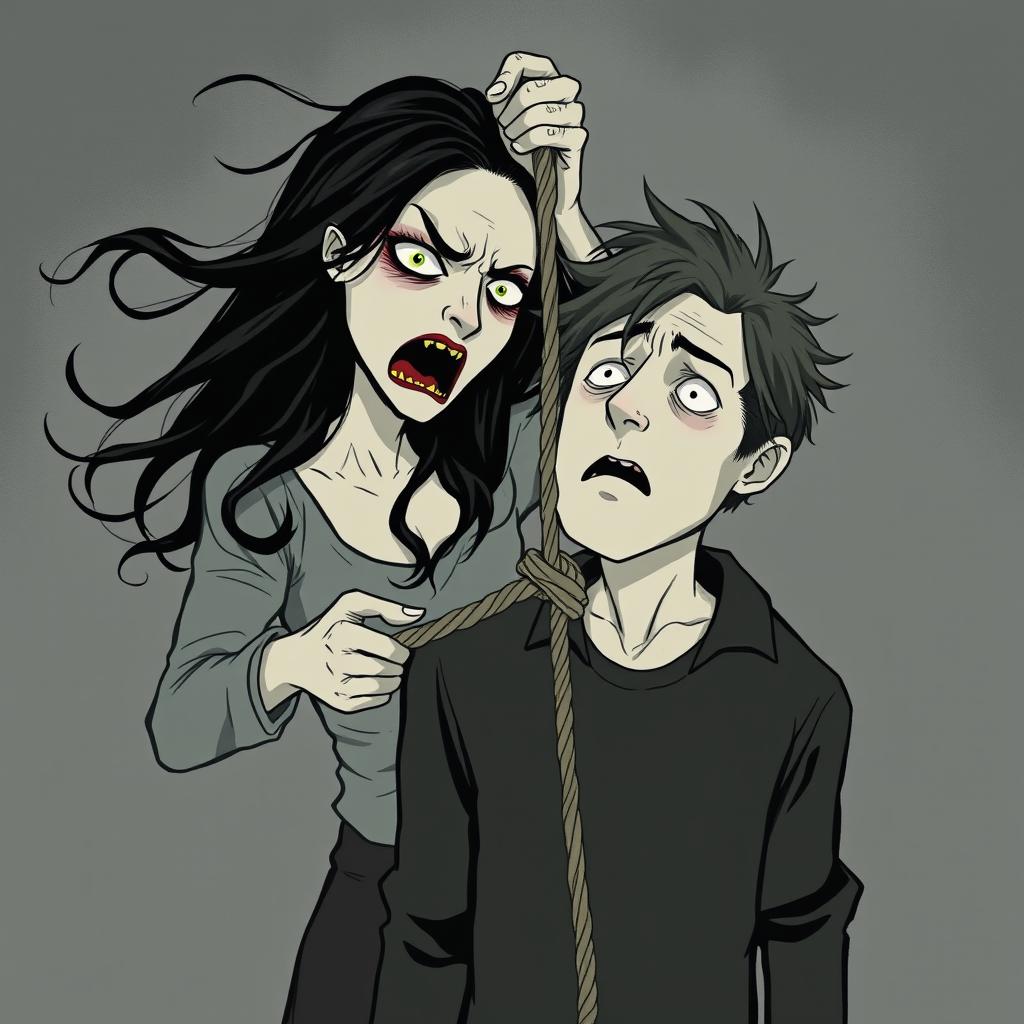 A haunting and simplistic illustration of a woman with an intense expression, using a rope to strangle her husband in a dramatic and eerie scene